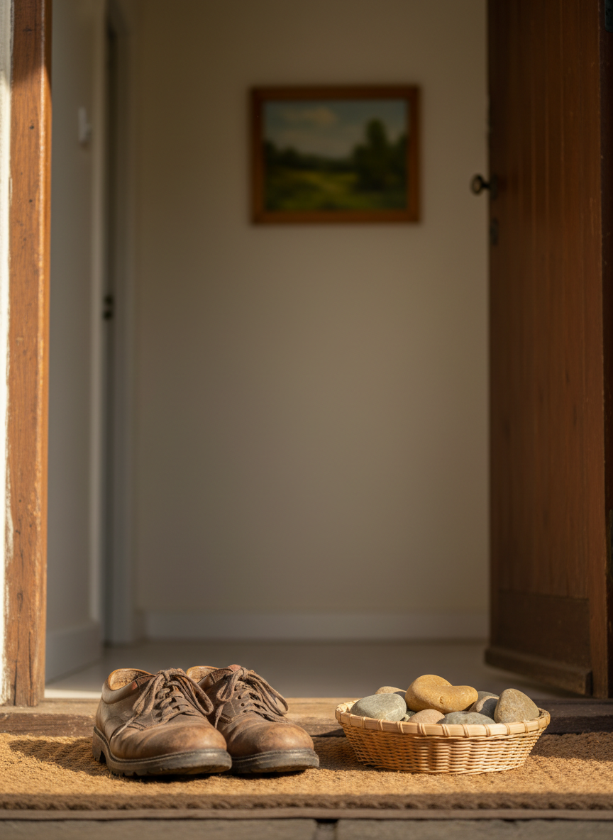 A well-worn pair of leather walking shoes placed neatly by a cottage doorway, their scuffed surfaces and creased laces hinting at countless meaningful journeys. Beside them, a small woven basket holds smooth river stones, each subtly different in shape and color, resting on a natural fiber mat. The interior hallway is simple and uncluttered, with pale walls and a single framed landscape in soft focus. Late afternoon light spills in from an unseen window, creating warm, elongated shadows. Captured from a slightly elevated angle in photographic realism, the composition uses the rule of thirds and a shallow depth of field to evoke a sense of quiet persistence, healing, and purpose discovered step by step.