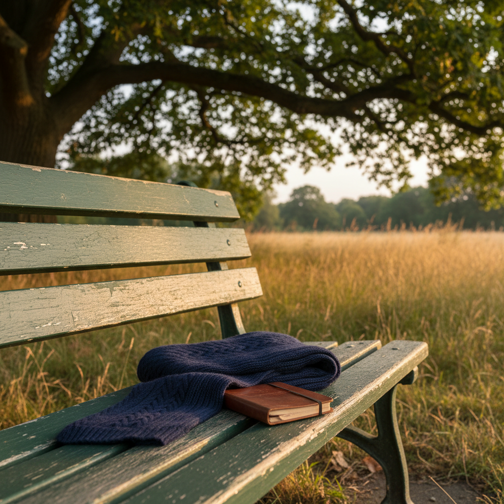 A simple wooden park bench with paint slightly chipped at the edges, positioned beneath a mature tree whose branches extend gently overhead, scattering dappled light across the scene. On the bench rests a folded woolen scarf in deep navy and a small, leather-bound pocket notebook closed with an elastic band. Beyond the bench, the background dissolves into a softly blurred field of late-summer grasses and distant trees. Warm, late-afternoon sunlight filters through the leaves, creating delicate patterns of light and shadow on the bench slats. Photographic realism, shot from a three-quarter angle with a medium depth of field, evokes a serene, introspective atmosphere of finding quiet purpose in solitary moments outdoors.