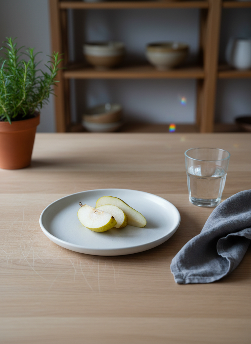 A tidy kitchen table made of light oak, its surface showing faint scratches that speak of years of use, holds a single, perfectly sliced green pear on a white stoneware plate. A linen napkin in muted slate gray is folded beside a small, simple glass of water catching tiny prisms of light. In the background, softly blurred shelves display a few carefully chosen ceramics and a small potted herb. Morning overcast light seeps through an unseen window, creating gentle, diffused illumination with almost no harsh shadows. Photographic realism, shot from a slightly overhead angle, conveys an atmosphere of quiet gratitude and purpose found in nourishing, everyday moments after loss.
