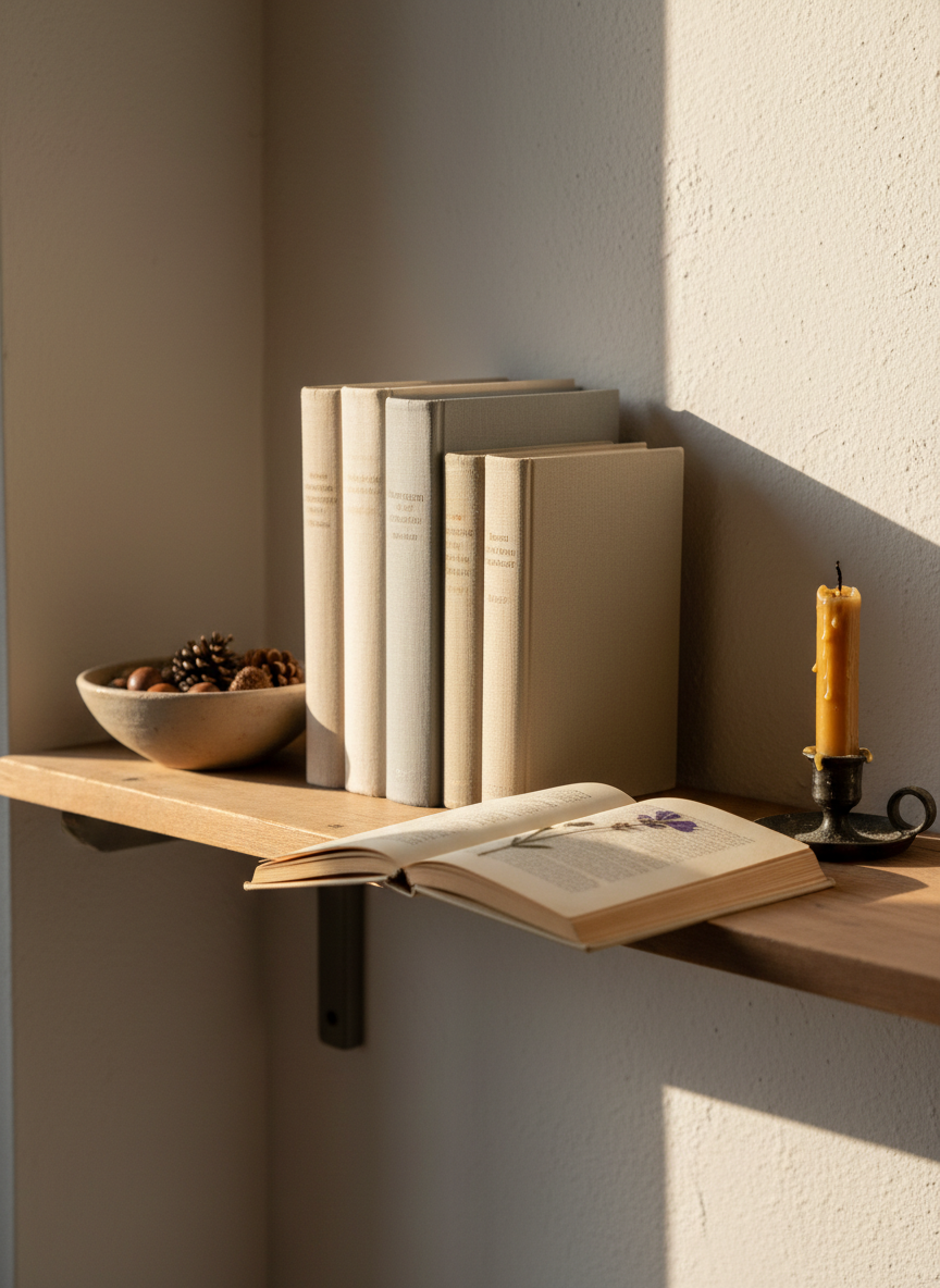 A narrow wooden bookshelf, its surface smooth but slightly faded, holds a modest row of linen-bound books in neutral tones, with a single dried wildflower carefully pressed between the pages of one open volume. A simple ceramic bowl filled with acorns and tiny pinecones sits at one end, while a beeswax candle, unlit and slightly melted, anchors the other. Soft golden-hour light from a nearby window brushes across the spines, casting delicate shadows on the wall behind. Photographic realism, captured at a close-up side angle with a shallow depth of field, creates an intimate, sophisticated mood that hints at purpose emerging from cherished memories and quiet study rather than overt symbols of grief.