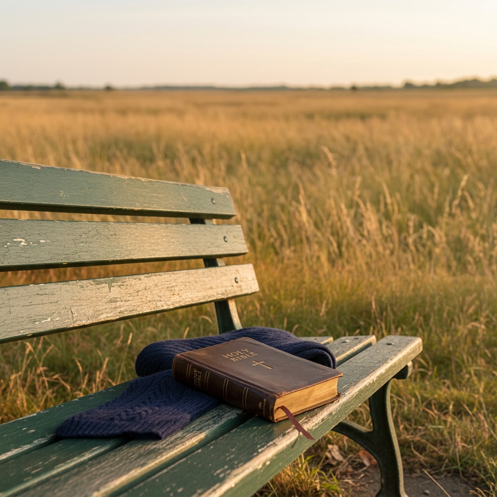 A simple wooden park bench with paint slightly chipped at the edges, positioned beneath a mature tree whose branches extend gently overhead, scattering dappled light across the scene. On the bench rests a folded woolen scarf in deep navy and a small, leather-bound pocket notebook closed with an elastic band. Beyond the bench, the background dissolves into a softly blurred field of late-summer grasses and distant trees. Warm, late-afternoon sunlight filters through the leaves, creating delicate patterns of light and shadow on the bench slats. Photographic realism, shot from a three-quarter angle with a medium depth of field, evokes a serene, introspective atmosphere of finding quiet purpose in solitary moments outdoors.