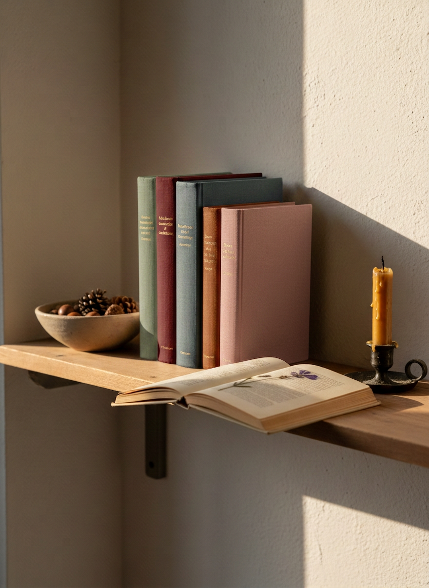 purpose A narrow wooden bookshelf, its surface smooth but slightly faded, holds a modest row of linen-bound books in neutral tones, with a single dried wildflower carefully pressed between the pages of one open volume. A simple ceramic bowl filled with acorns and tiny pinecones sits at one end, while a beeswax candle, unlit and slightly melted, anchors the other. Soft golden-hour light from a nearby window brushes across the spines, casting delicate shadows on the wall behind. Photographic realism, captured at a close-up side angle with a shallow depth of field, creates an intimate, sophisticated mood that hints at purpose emerging from cherished memories and quiet study rather than overt symbols of grief.